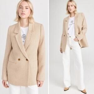 Anine Bing Fishbone Blazer Tan And Cream Herringbone Tweed Wool Blend Size Small